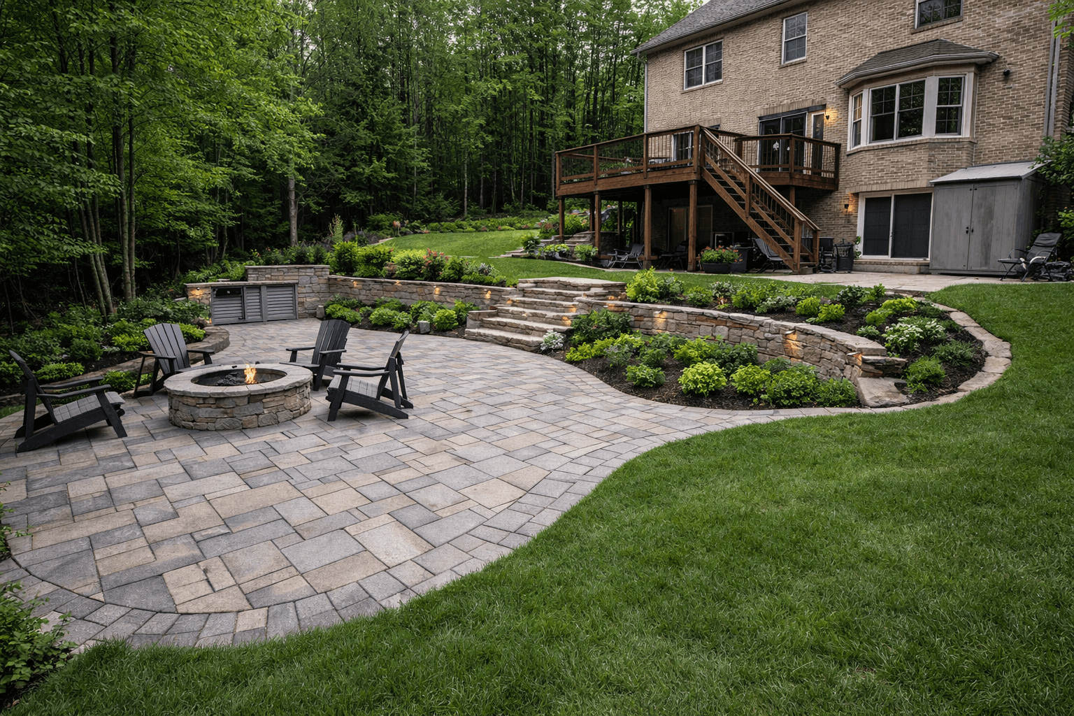 Interlocking patio and landscaping installation with complex grading in Campbellville Ontario after completion