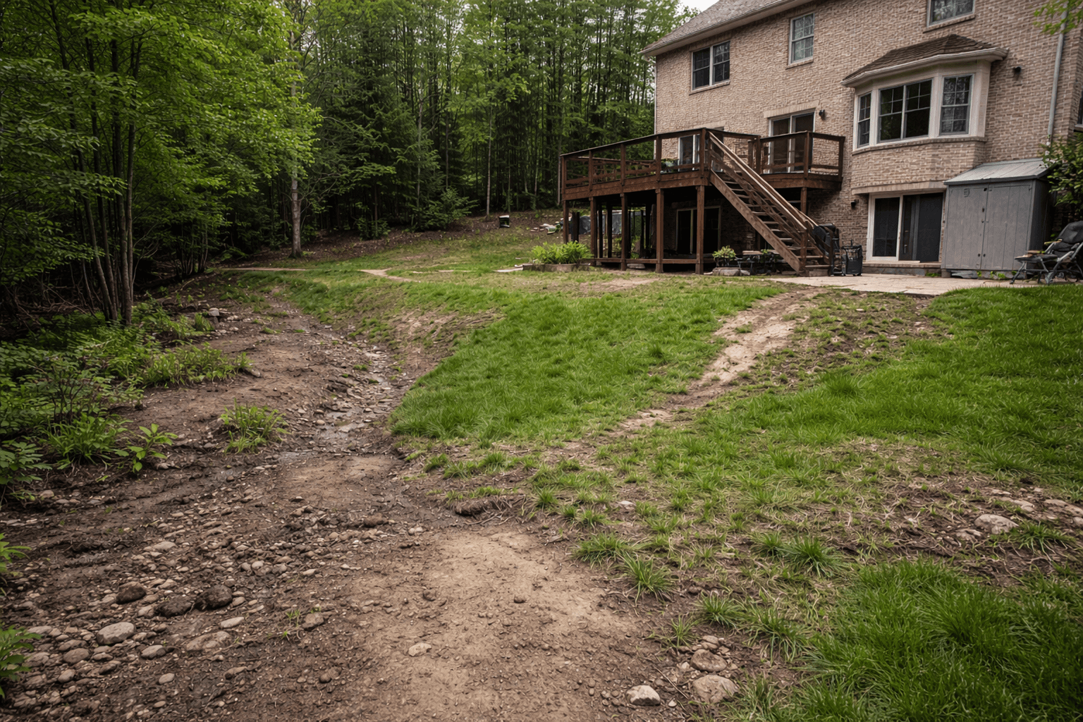 Complex grade backyard before landscaping and interlocking installation in Campbellville Ontario