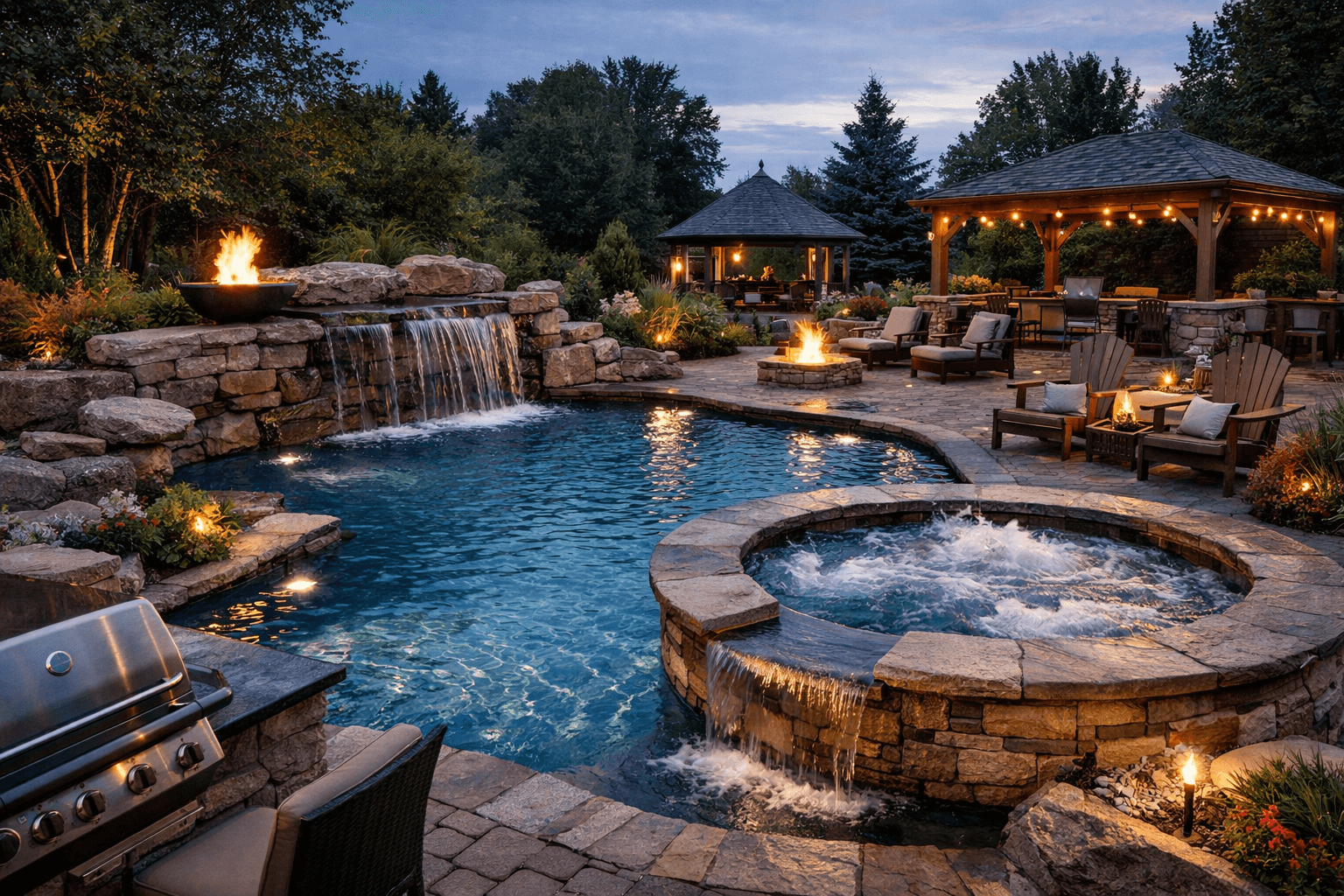 Lawtons Landscaping image of a backyard oasis with beautiful interlocking, landscaping design, an inground pool and hot tub
