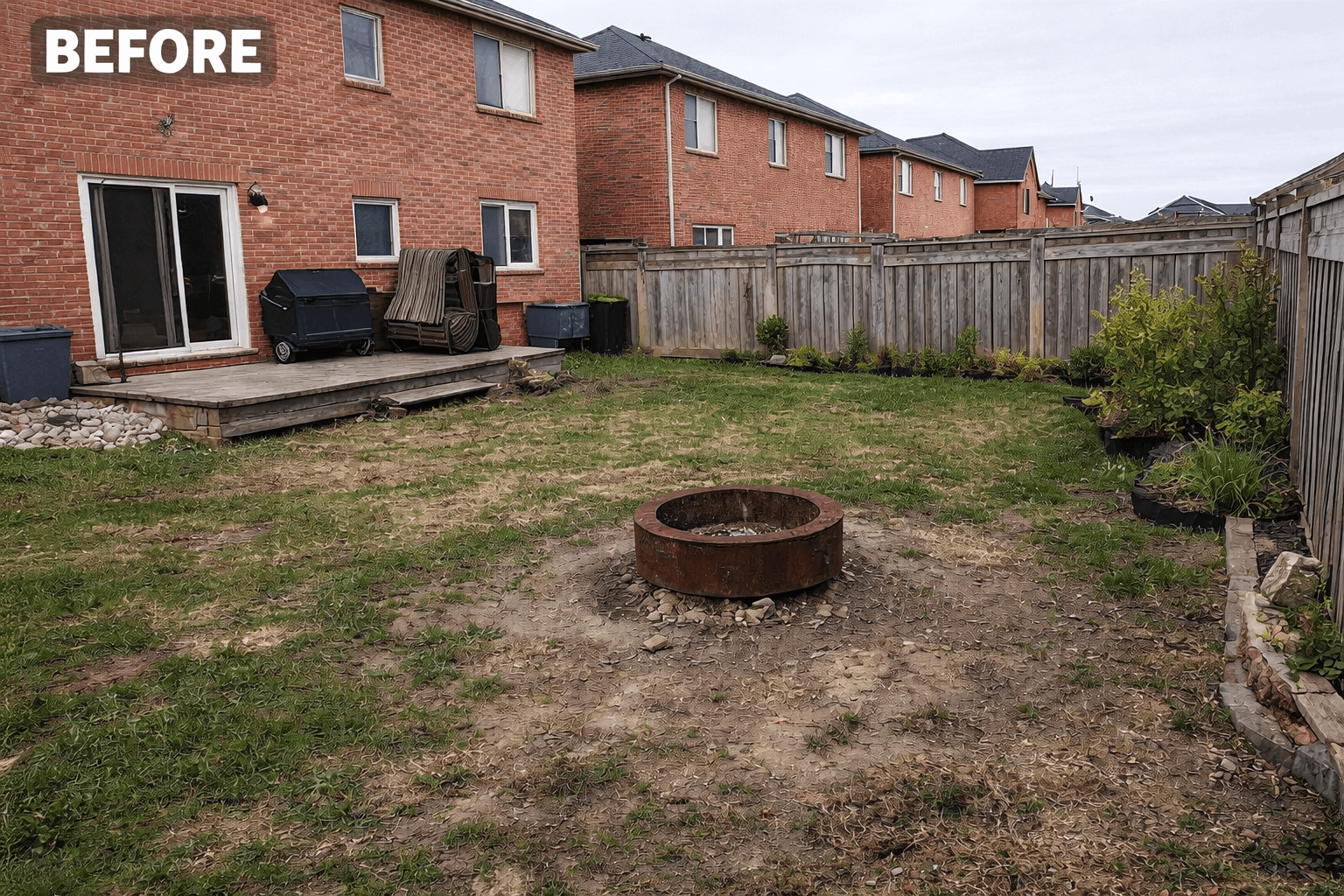 Backyard before landscaping and interlocking installation in Milton Ontario