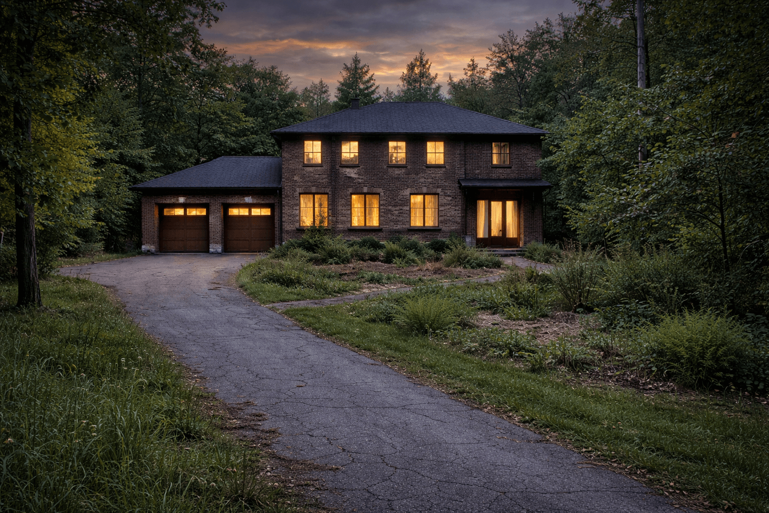 Driveway and front yard before landscaping and interlocking installation for estate home in Puslinch Ontario