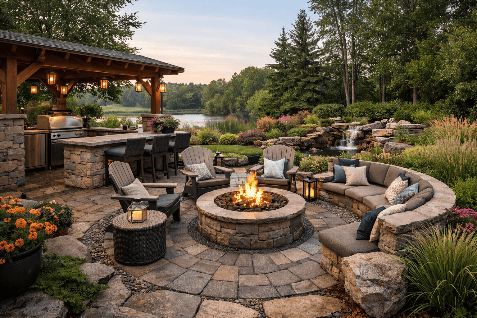 Rockwood backyard oasis created by Lawtons Landscaping in Rockwood, Ontario featuring an outdoor fire pit, outdoor kitchen with gazebo, beautifully landscaped with flowers and interlocking pavers
