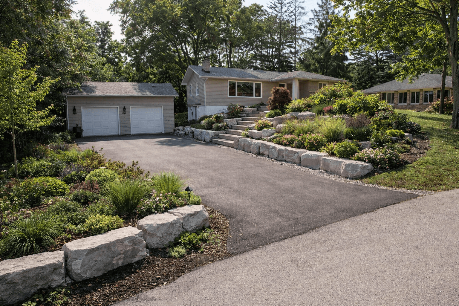 Front yard boulder and landscaping installation with complex grading in Rockwood Ontario after completion
