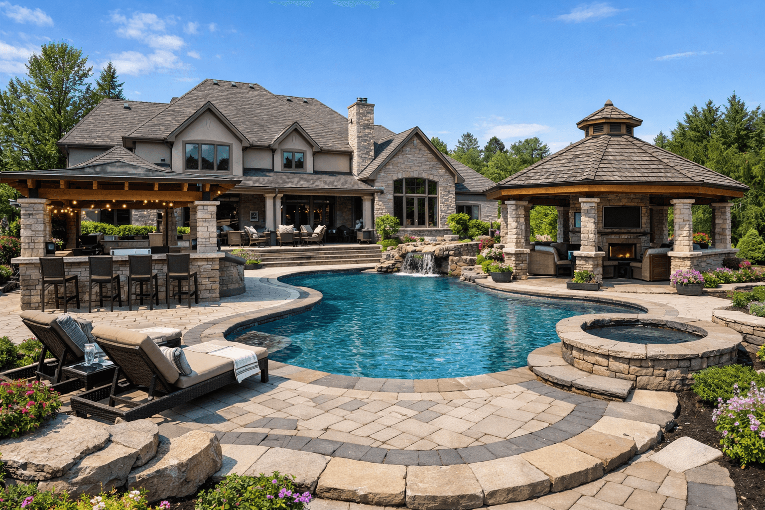 beautiful backyard in puslinch ontario, an estate home with a large backyard including a pool, outdoor bar, gazebo and beautiful interlocking, grading